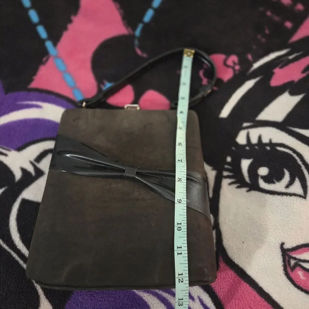 Vintage 1950s Black Suede Kiss Lock Evening Purse Patent Bow Cocktail Handbag
